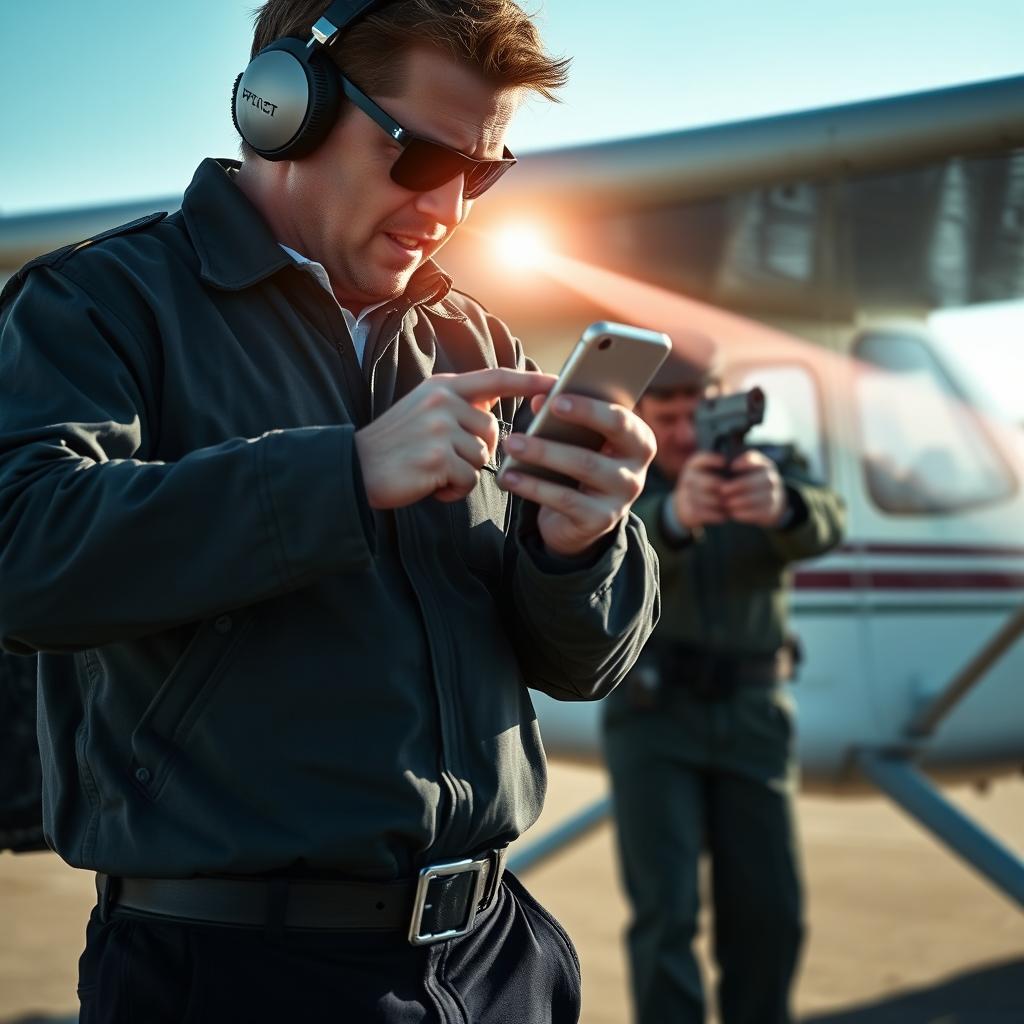 A dramatic scene depicting a commercial pilot standing near a Cessna 172 airplane, targeting a gendarme with his smartphone