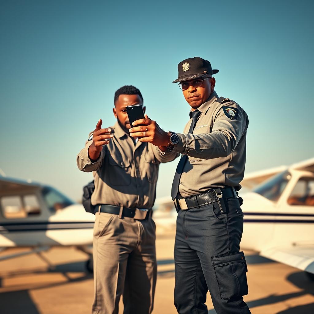 A tense scene depicting a black commercial pilot aiming a smartphone at a gendarme, representing the light from the smartphone reaching the gendarme before the bullet from his gun can reach the pilot