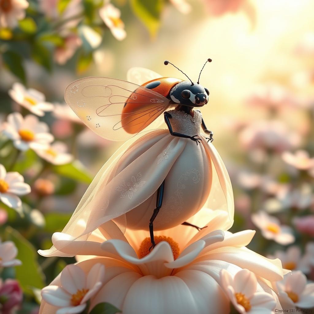 A whimsical depiction of a ladybug wearing a beautiful bridal gown