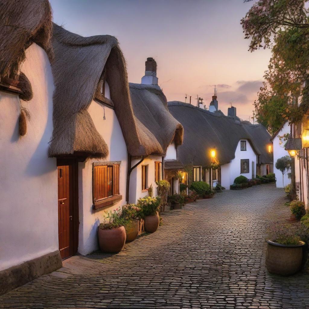 A serene and peaceful sunset over a quaint little town with thatched houses and cobblestone streets