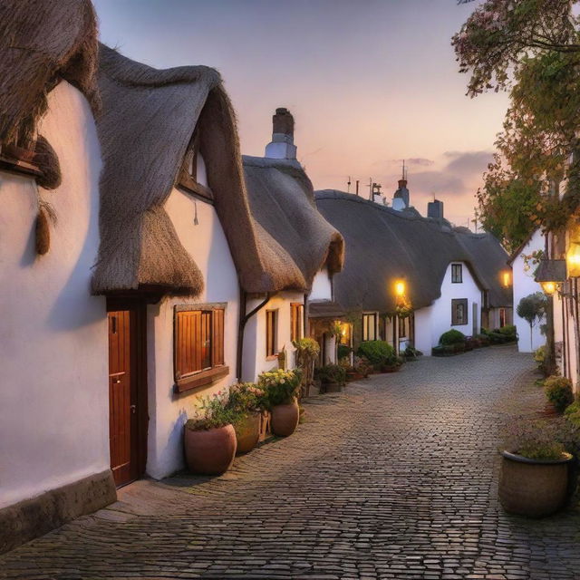 A serene and peaceful sunset over a quaint little town with thatched houses and cobblestone streets