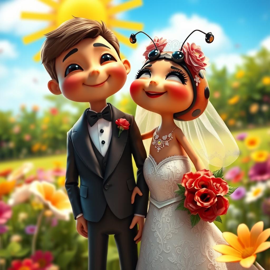 A whimsical scene featuring a beautifully detailed ladybug dressed in an elegant wedding gown, standing next to a stylishly dressed groom