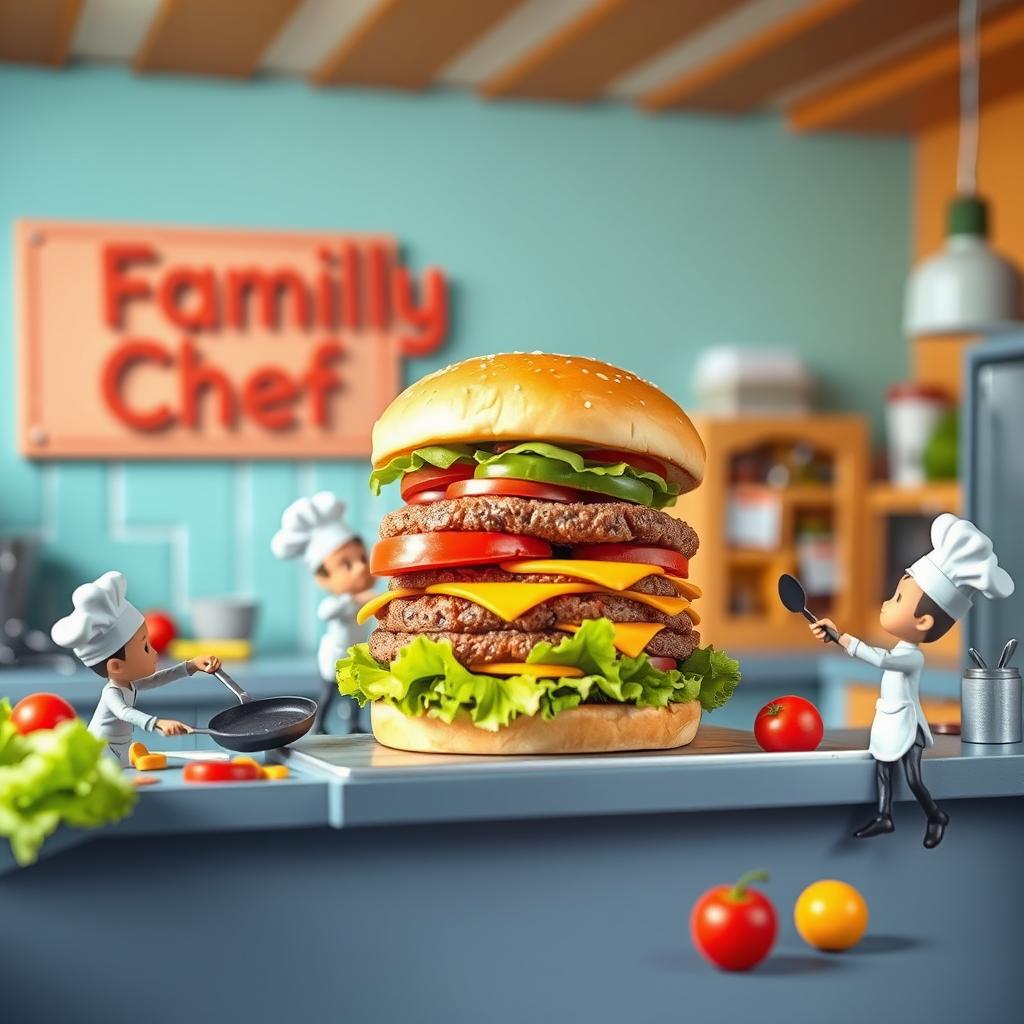 A whimsical burger-making scene featuring tiny people in a vibrant kitchen, energetically working together to create a giant burger
