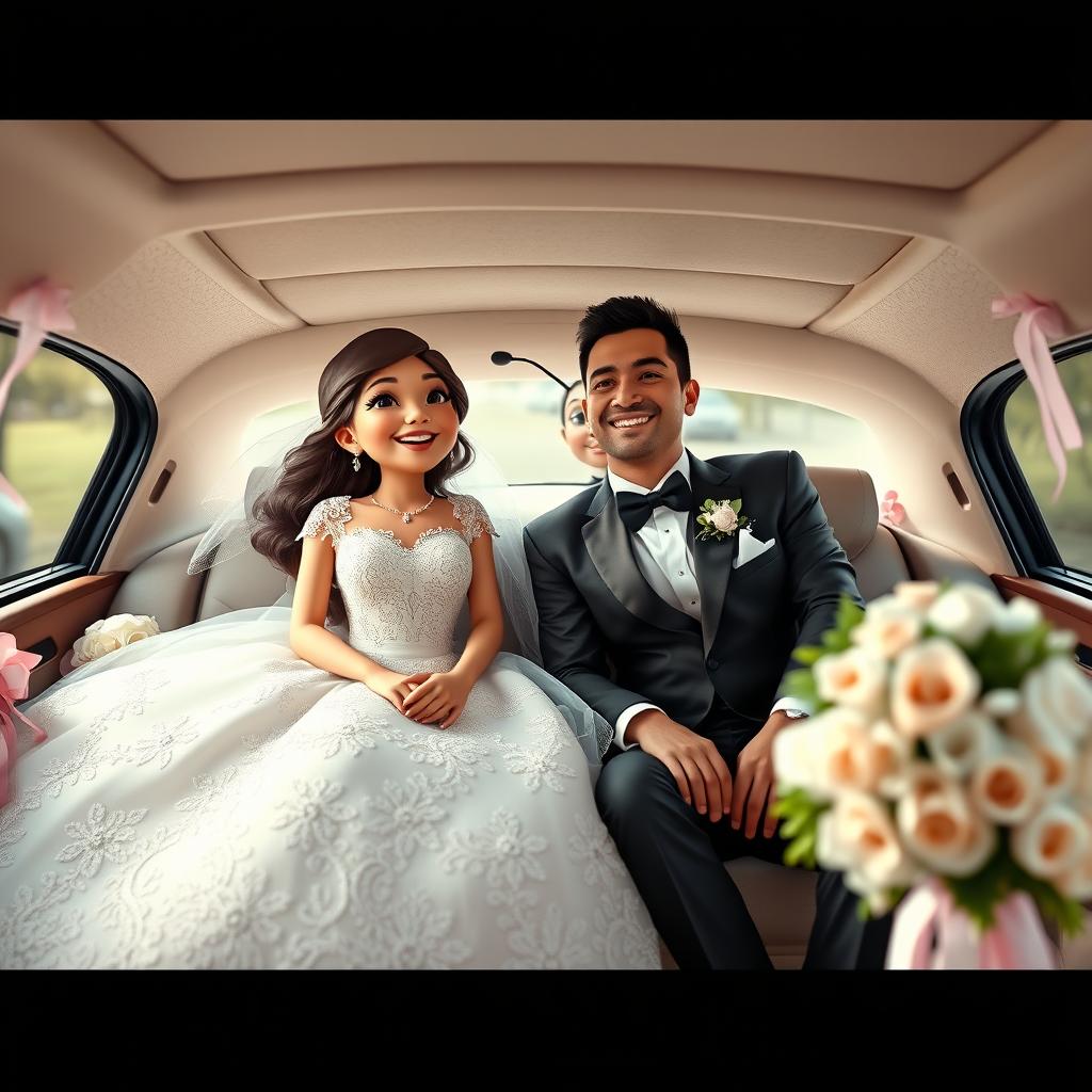 A ladybug (Kafsh Doozak) dressed in a beautiful wedding gown, sitting alongside a groom inside a decorated wedding car