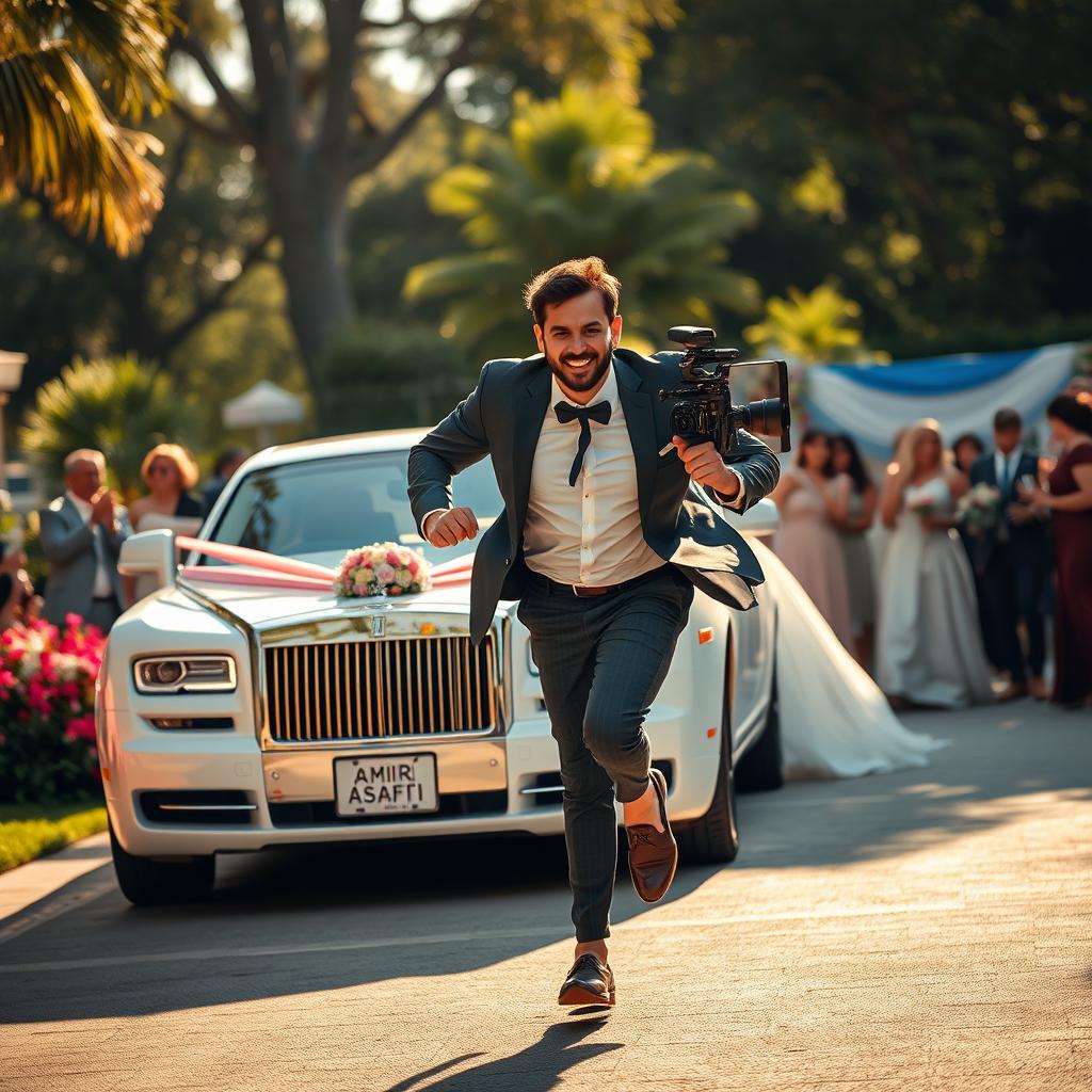 A vibrant and dynamic scene capturing a man named Amir Asafi, dressed in professional filming attire, energetically running behind a luxurious wedding car