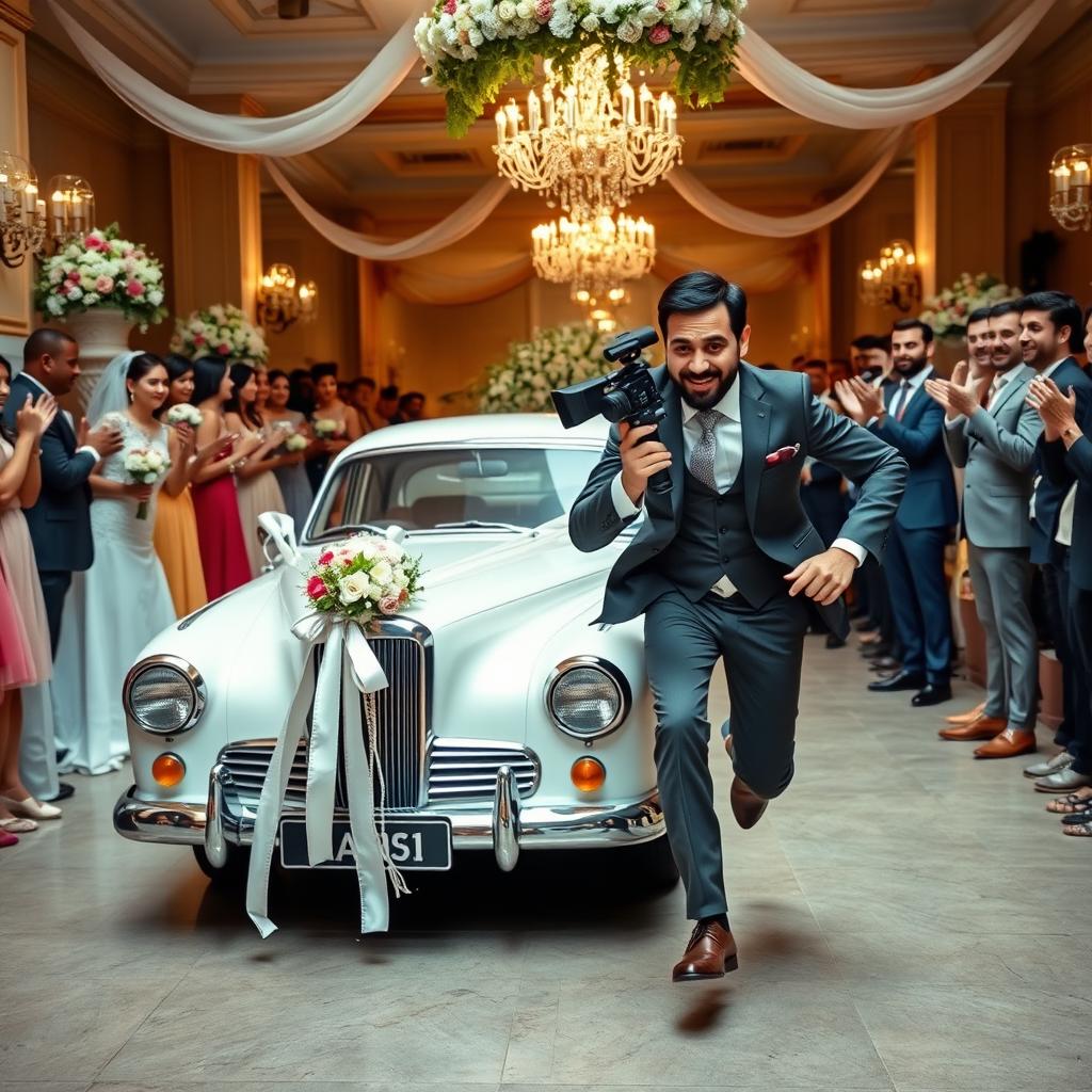 A dynamic scene of a wedding, featuring a man named Amir Asefi, a videographer, running enthusiastically behind a wedding car
