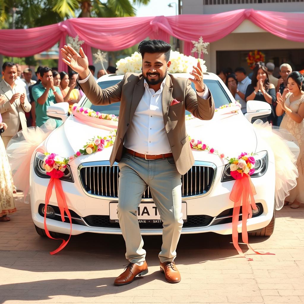 A man named Amir Asafi dancing joyfully in front of a beautiful wedding car