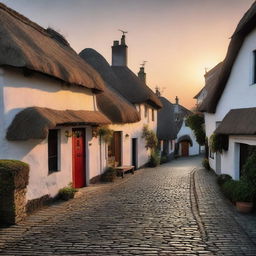 A serene and peaceful sunset over a quaint little town with thatched houses and cobblestone streets