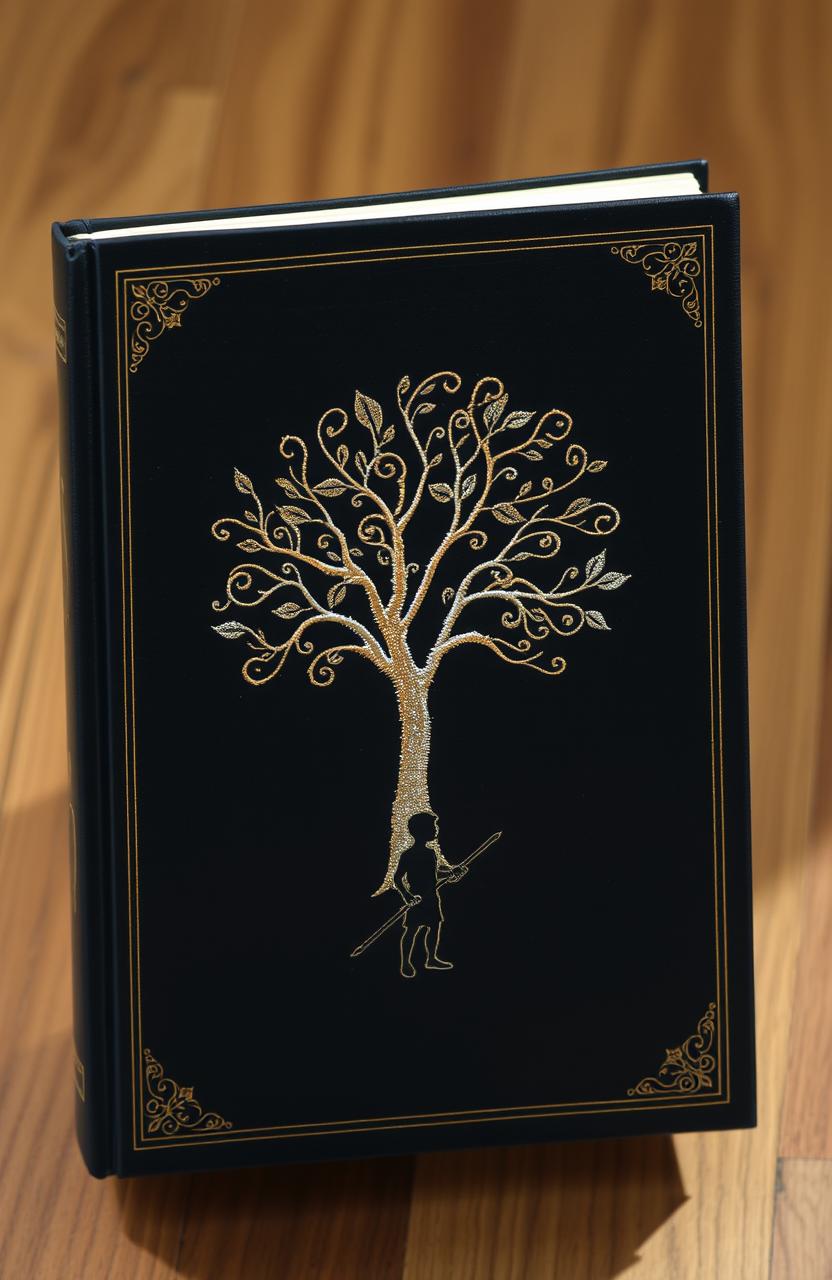 A hardcover black book featuring a stunning half gold, half silver tree embroidery centered on the cover, slightly raised above the middle
