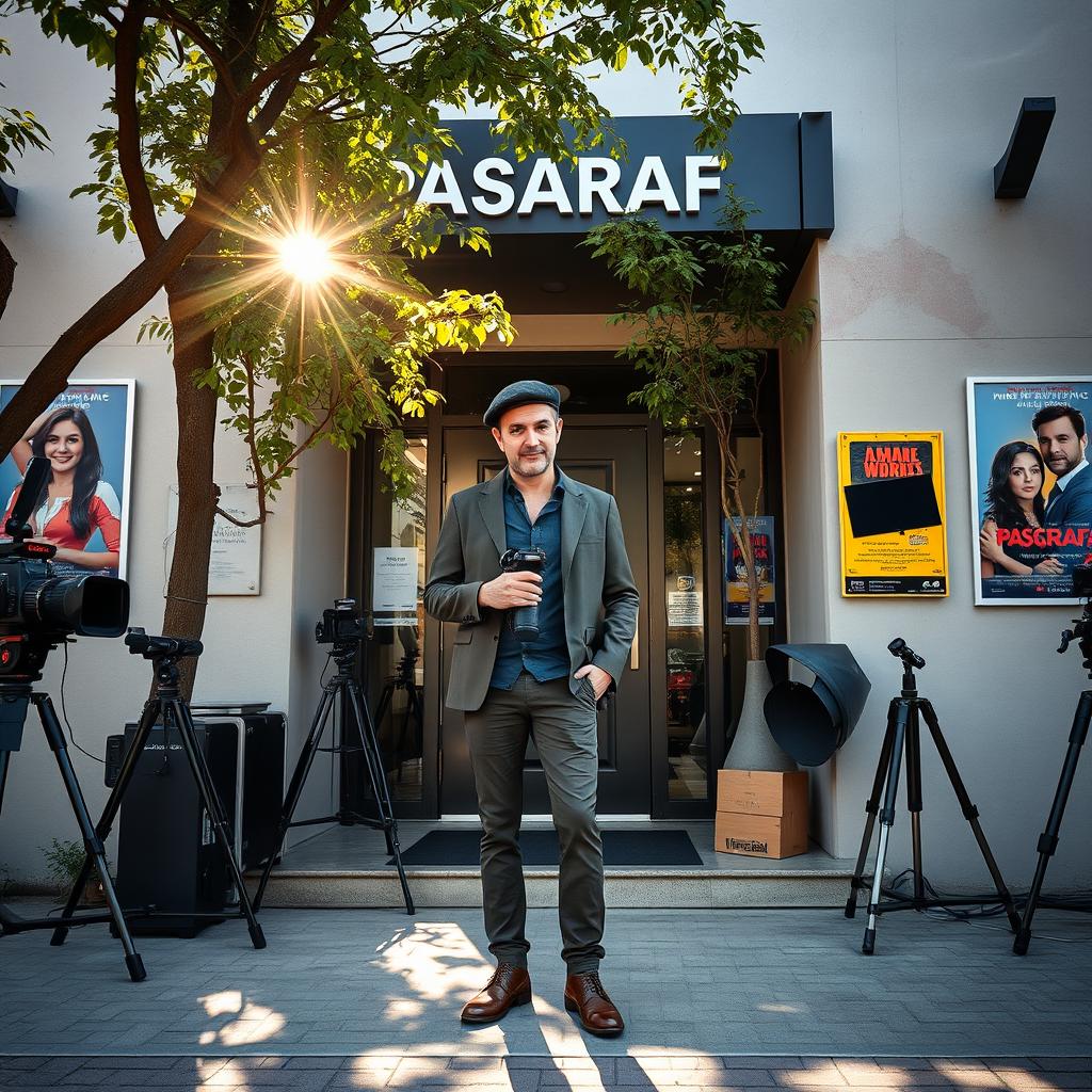 A film director standing confidently in front of the Pasargaf studio entrance, surrounded by creative equipment and vibrant film posters