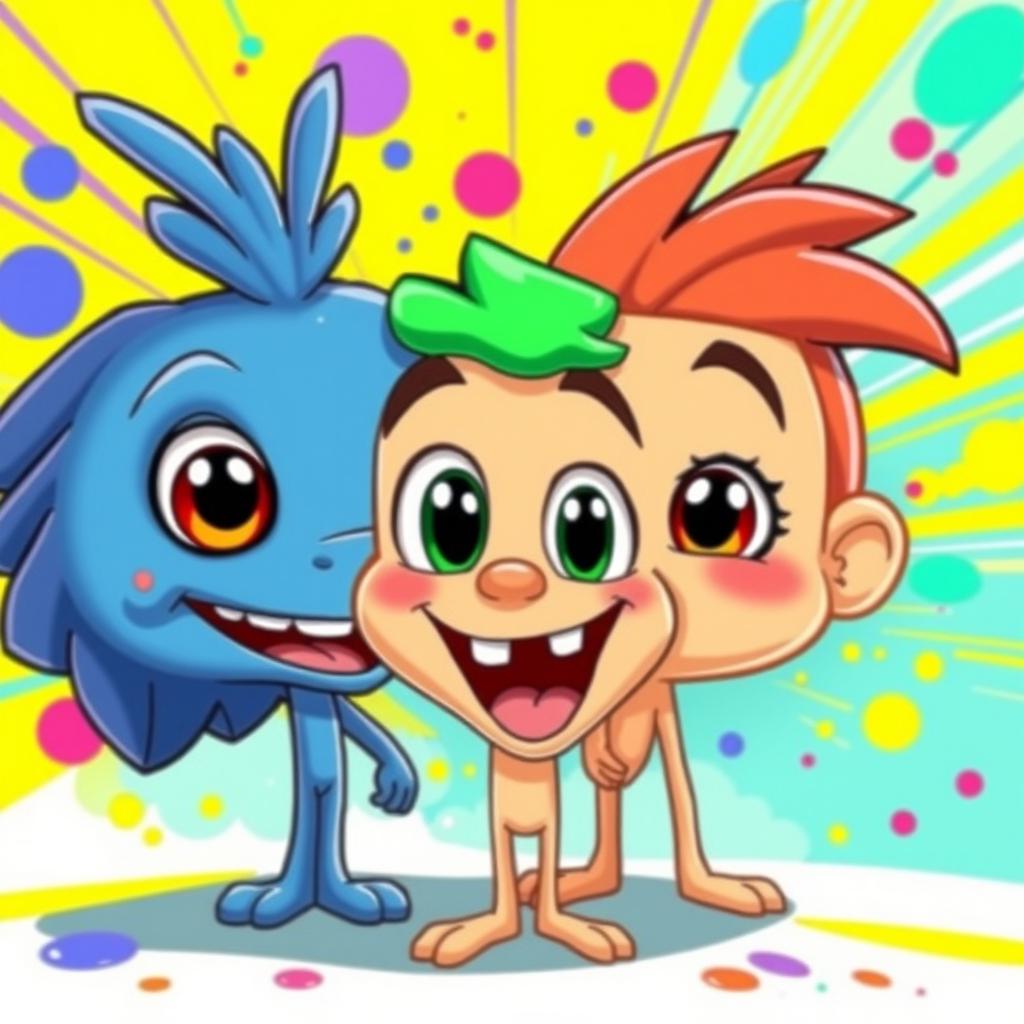 A cartoon rendition of the provided image, featuring vibrant, exaggerated colors and character designs, transforming realistic elements into playful, whimsical forms