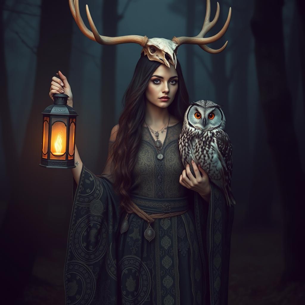 A mystical lady adorned in an intricately designed robe, featuring patterns inspired by nature, stands regally