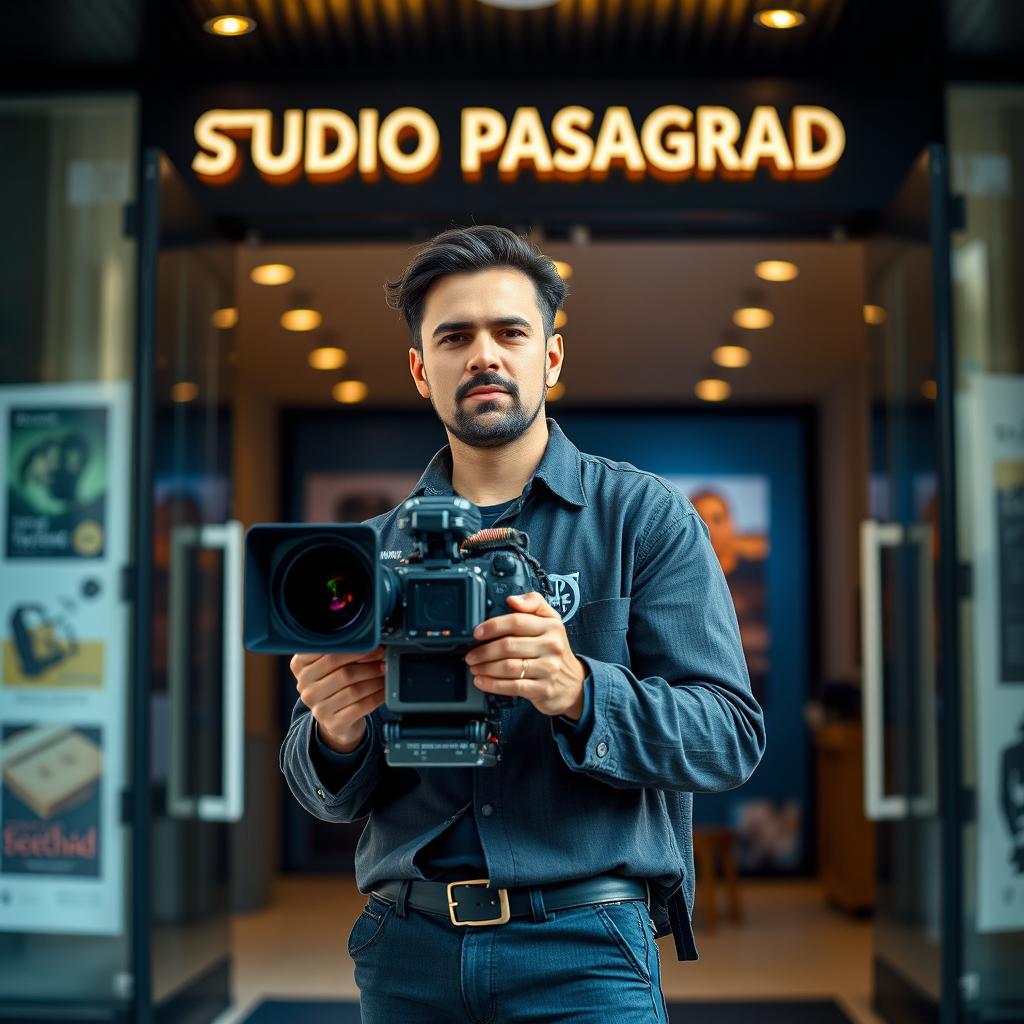 A male cinematographer holding a camera in front of the entrance of Studio Pasargad