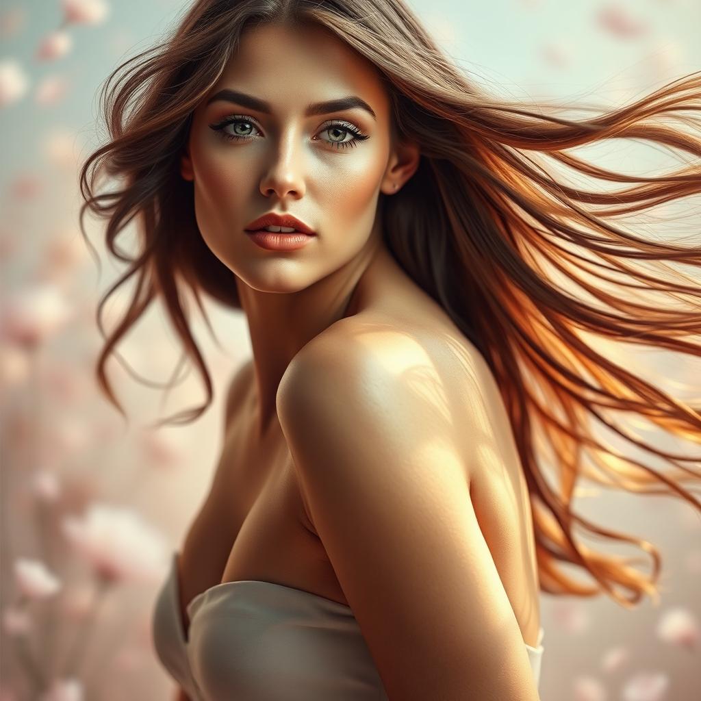 A beautiful woman with flowing long hair, posed artfully to create an elegant and tasteful composition