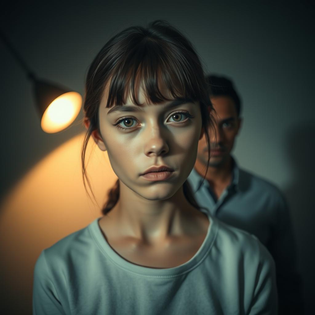 A carefully crafted scene featuring a girl with striking features in the foreground, her expression serene and captivating