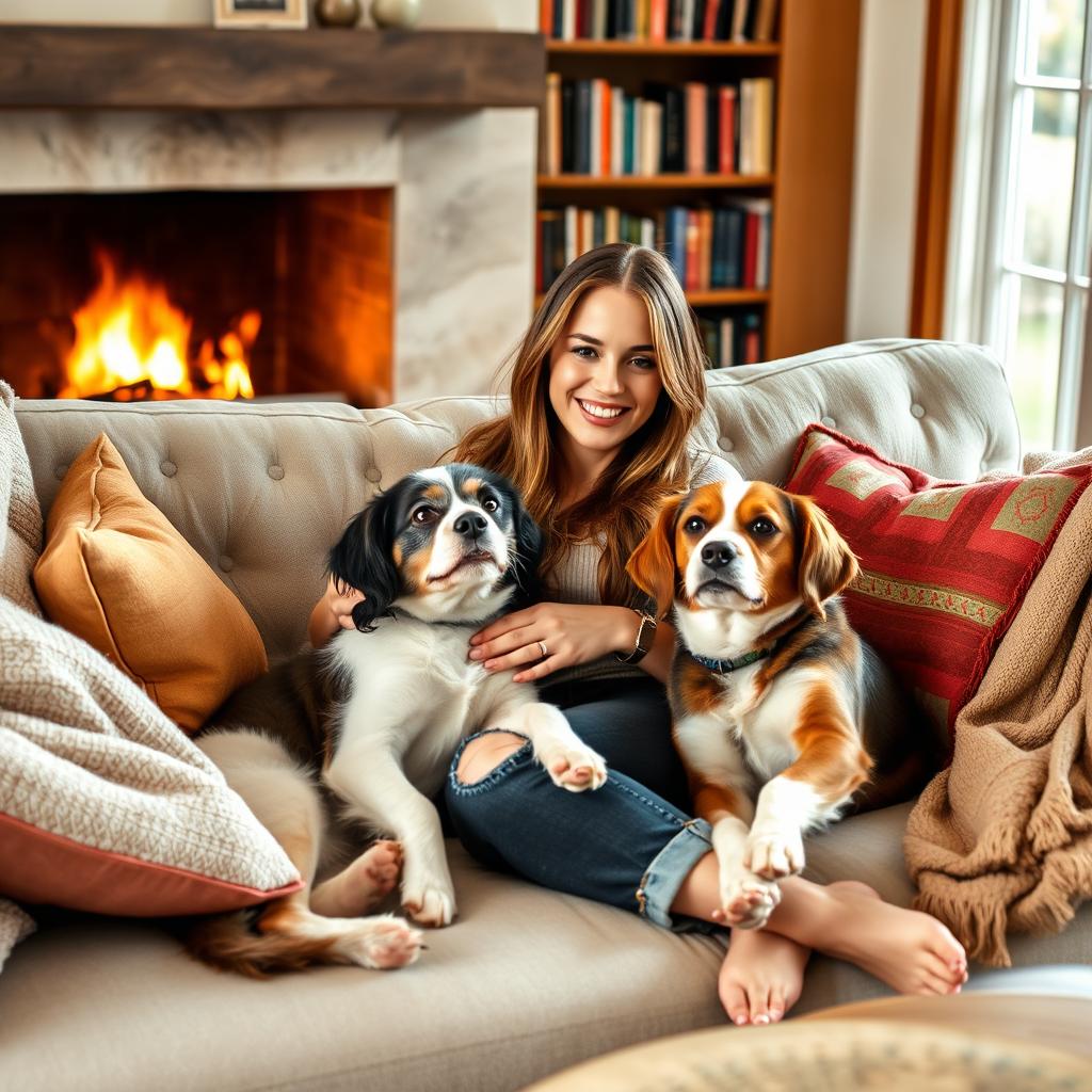 A cozy living room scene featuring a woman lounging on a plush couch with two friendly dogs beside her