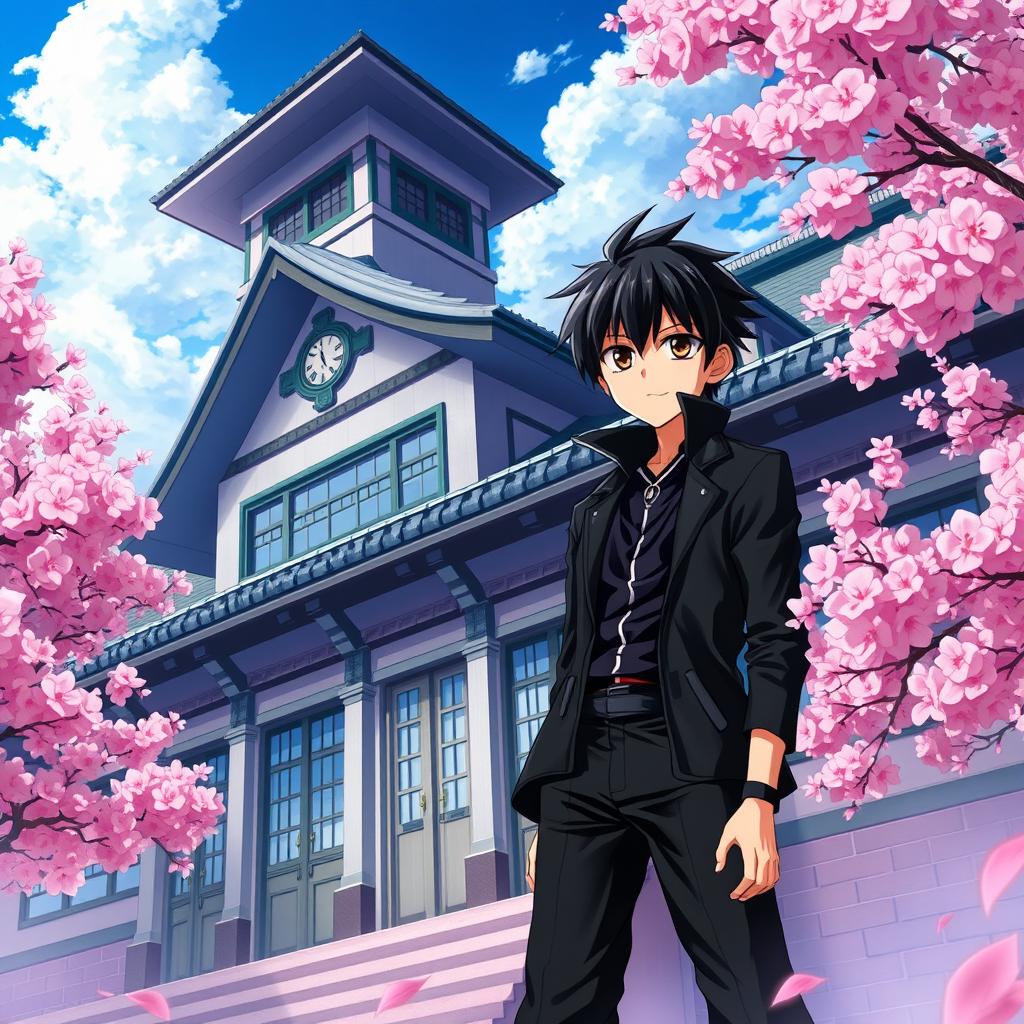 A Japanese school scene depicted in the style of Jujutsu Kaisen, featuring a traditional school building with distinct architectural features and surrounded by cherry blossom trees