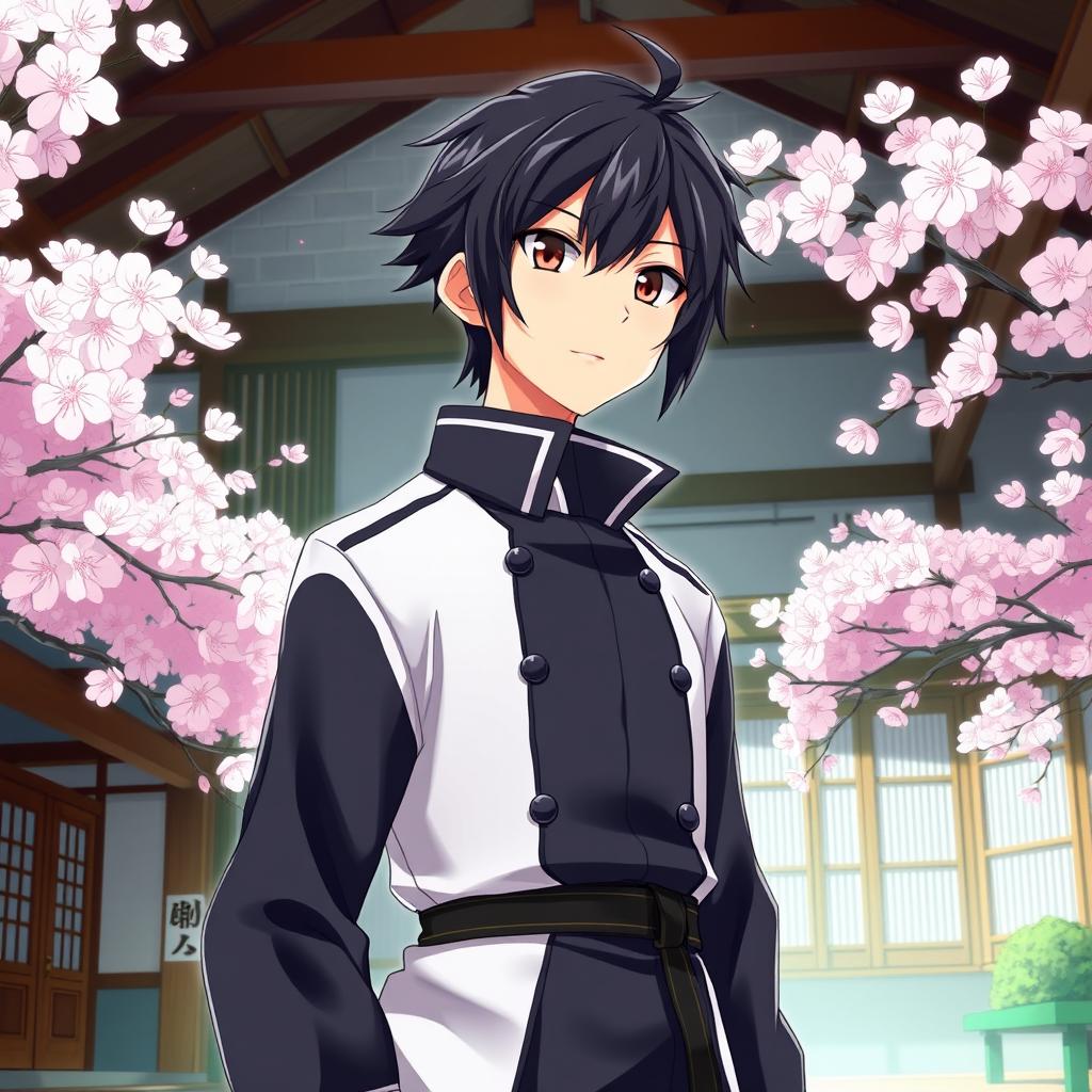 A Japanese school setting featuring a character with brown eyes and black hair, dressed in a male outfit inspired by Gojo from Jujutsu Kaisen