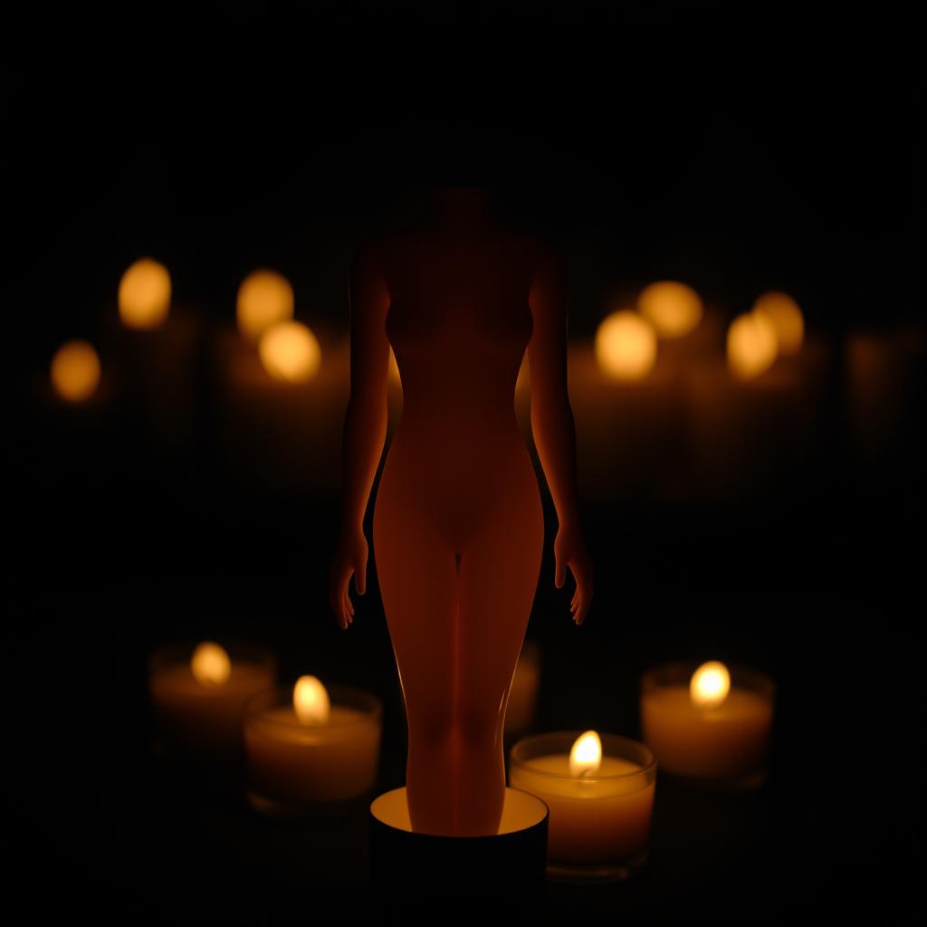 A candle shaped like a female body without a head and arms, positioned in darkness