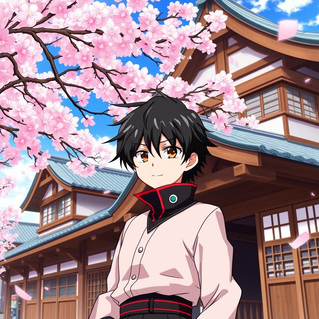 A Japanese school scene featuring a character with brown eyes and black hair, dressed in a male outfit inspired by Satoru Gojo from Jujutsu Kaisen