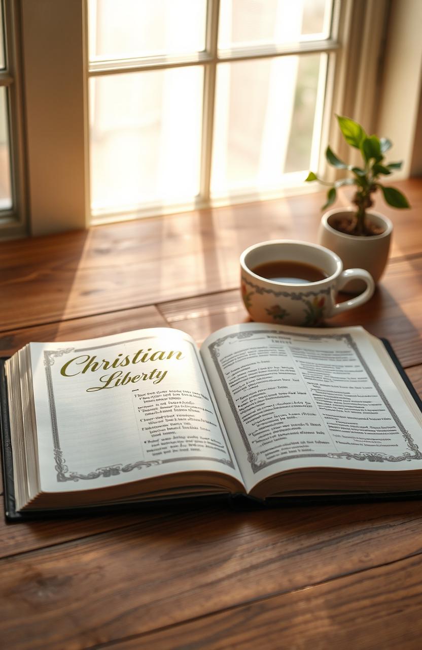 An open Bible resting on a wooden table, with the phrase 'Christian Liberty' beautifully written in elegant calligraphy on the left-hand page