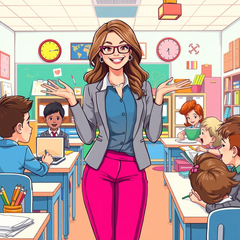 A vibrant and playful illustration of an attractive female teacher in a lively classroom setting