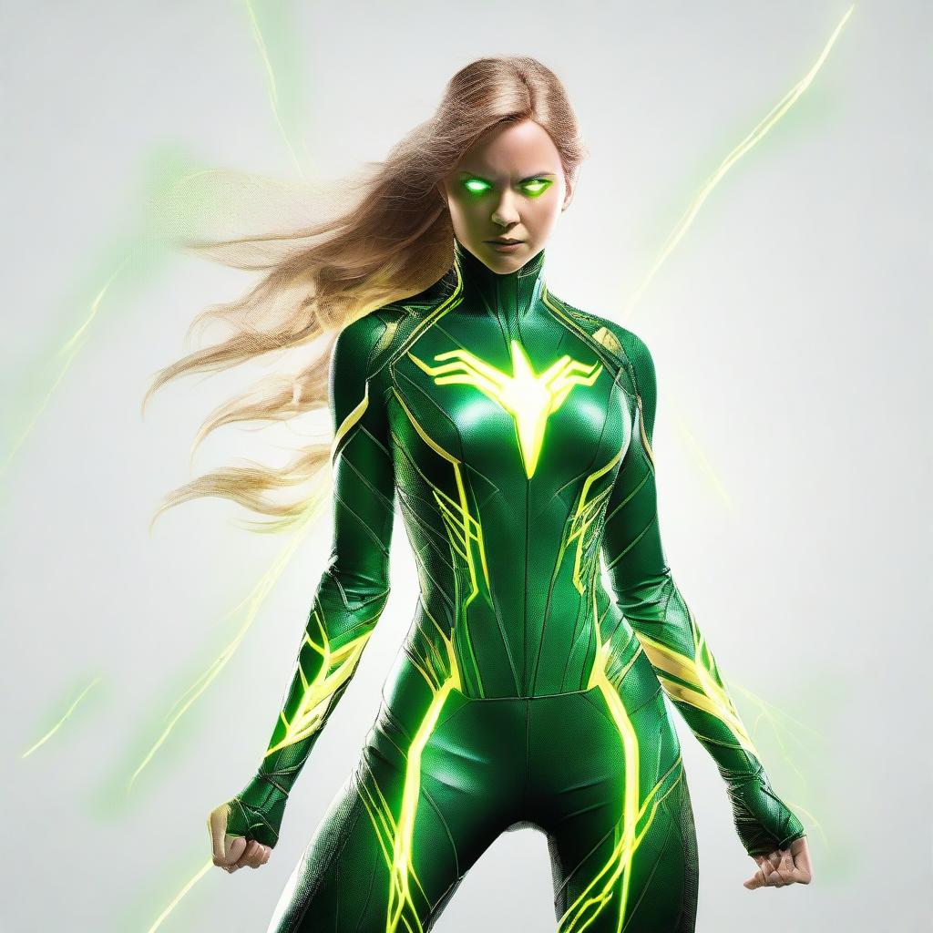 An MCU-style female superheroine costume in green with yellow lightning lines running through, showcasing technological details intimating an association with electricity. Features yellow lightning eyes, presented on a white background.