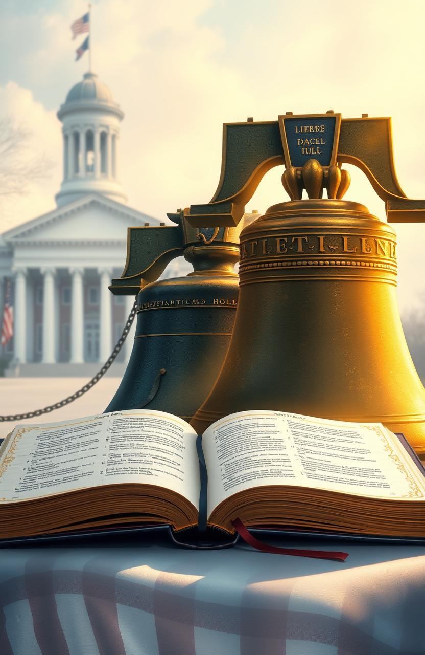 A beautifully detailed illustration featuring an open Bible next to the Liberty Bell