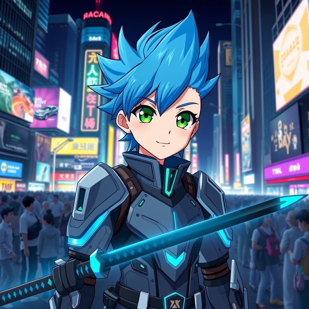 An anime character with bright blue hair styled in a spiky fashion, wearing a sleek futuristic outfit that combines elements of samurai armor and modern tech gear