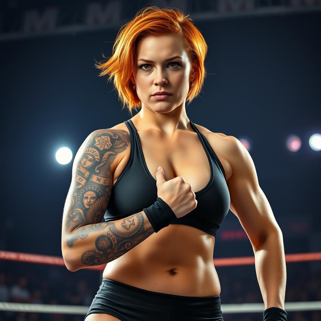 A strong, athletic woman with ginger short hair stands confidently in a wrestling pose, showcasing her muscular build