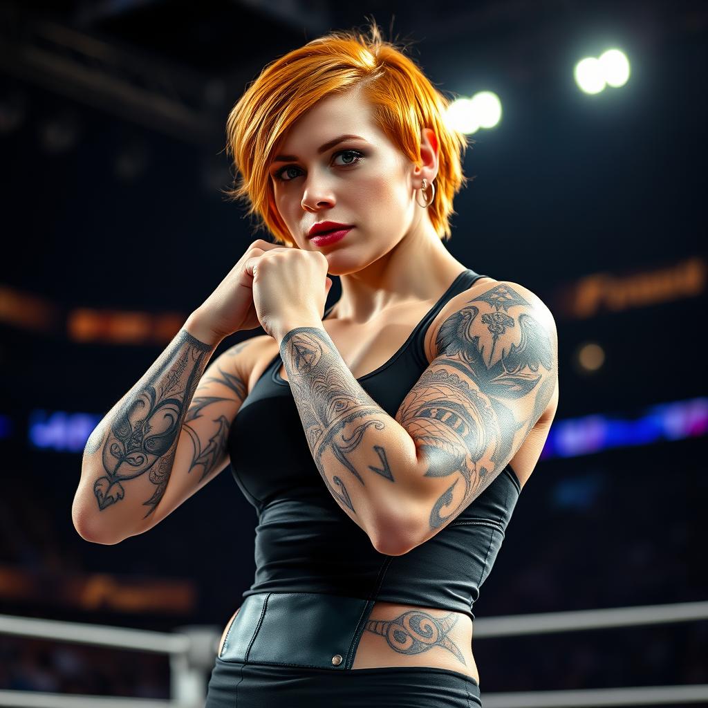 A powerful and confident woman with ginger short hair proudly stands in a wrestling stance, her athletic physique highlighted by the dynamic pose