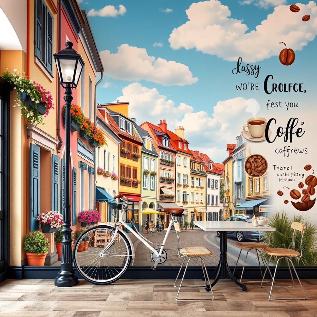 A cozy and inviting cafe wall design featuring a mural of a picturesque European street lined with colorful buildings, blooming flower boxes, and a bright blue sky with fluffy clouds