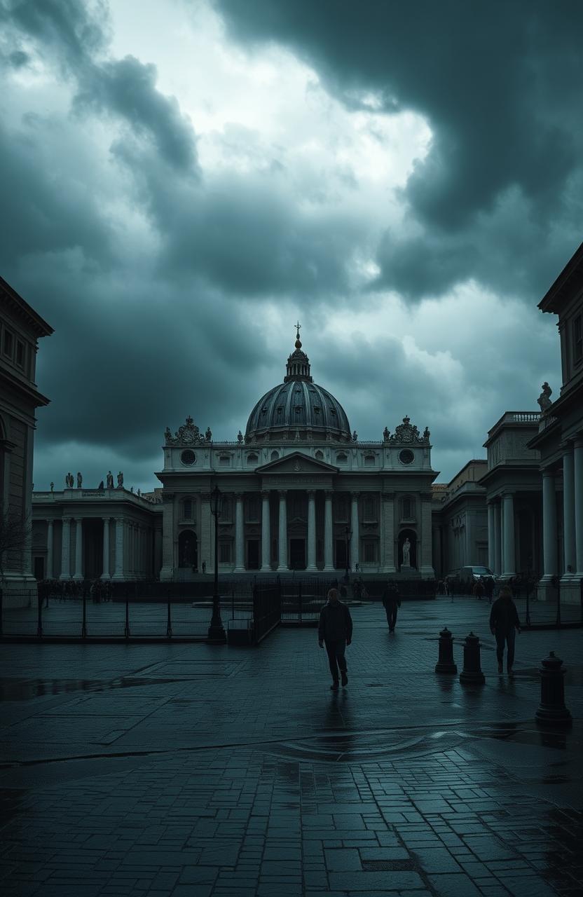 A gloomy depiction of the Vatican, featuring dark, ominous clouds hovering over the iconic St
