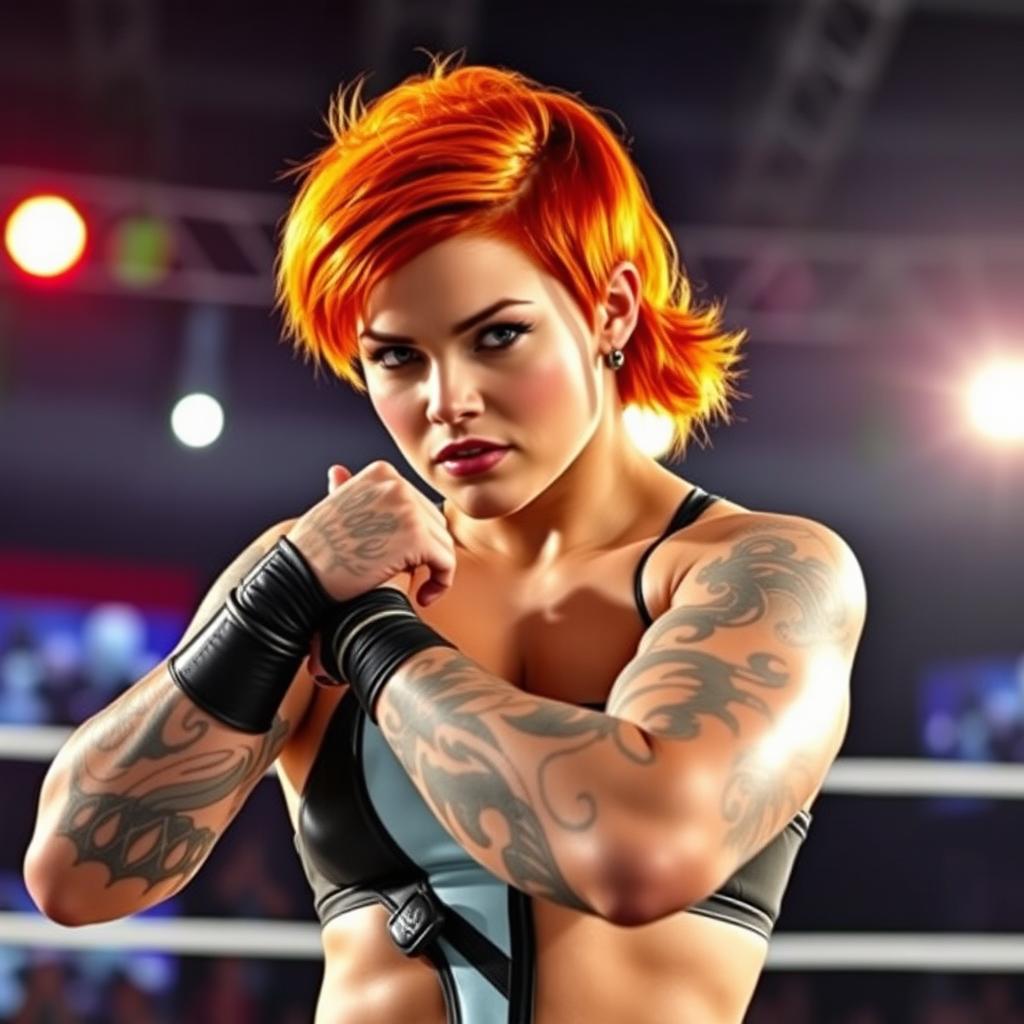 A fierce woman with vibrant ginger short hair exudes confidence in a wrestling stance