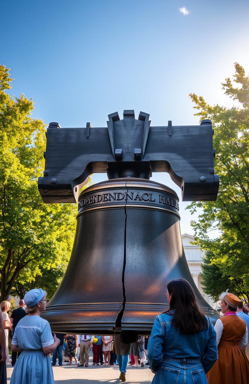 A stunning, high-resolution image of the Liberty Bell situated in its iconic setting, featuring intricate details of the bell's surface, highlighting its famous crack