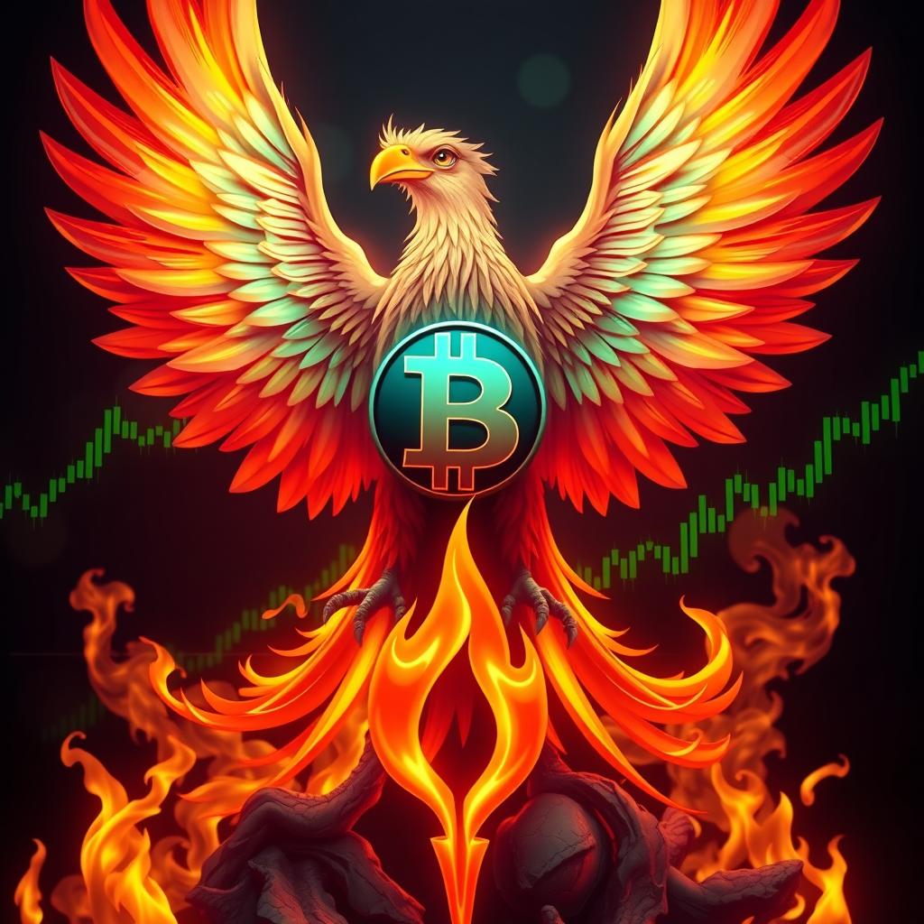 A majestic phoenix with vibrant, fiery plumage prominently displaying a large bitcoin symbol on its chest