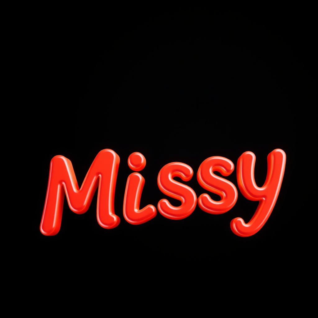 A vibrant 3D rendering of the name 'Missy' styled in red and orange hues, embellished with dynamic lighting effects that enhance its three-dimensionality