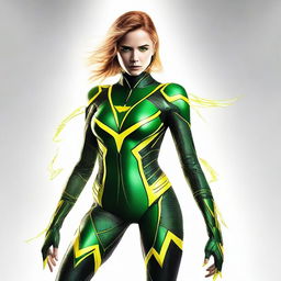 An MCU-style female superheroine costume in green and black with yellow lightning lines throughout, featuring technological details that suggest an association with electricity. Depicting yellow lightning eyes, set against a white background.