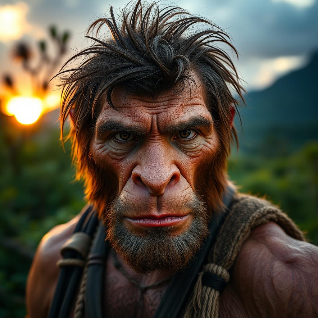 A portrait of a neanderthal man, showcasing exaggerated facial features characteristic of neanderthals such as a prominent brow ridge, a broad nose, and a strong jawline