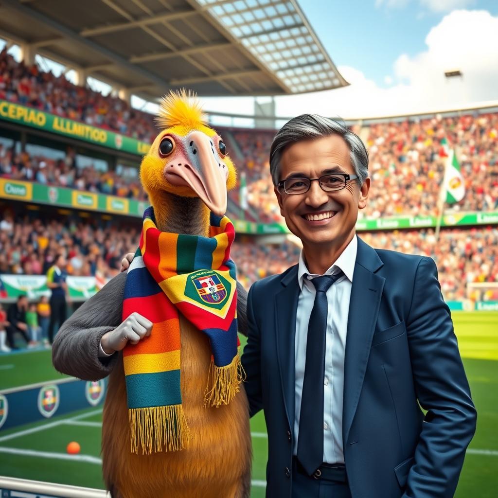 A whimsical scene featuring a platypus proudly presenting a new sporting director for Lisboa FC, set against a colorful and vibrant football stadium filled with enthusiastic fans