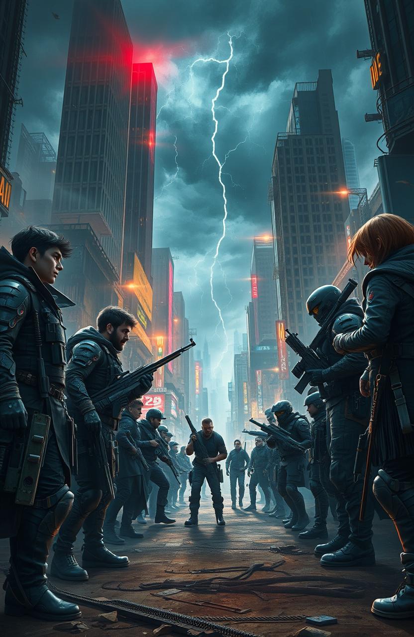 A vivid scene depicting a dystopian battle between two powerful families in a crumbling urban landscape