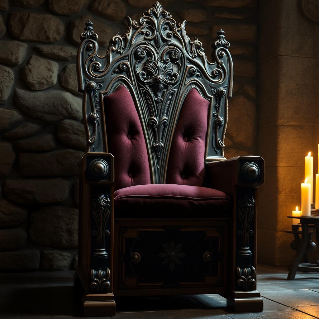 An antique wooden chair, richly carved, featuring intricate details reminiscent of medieval furniture