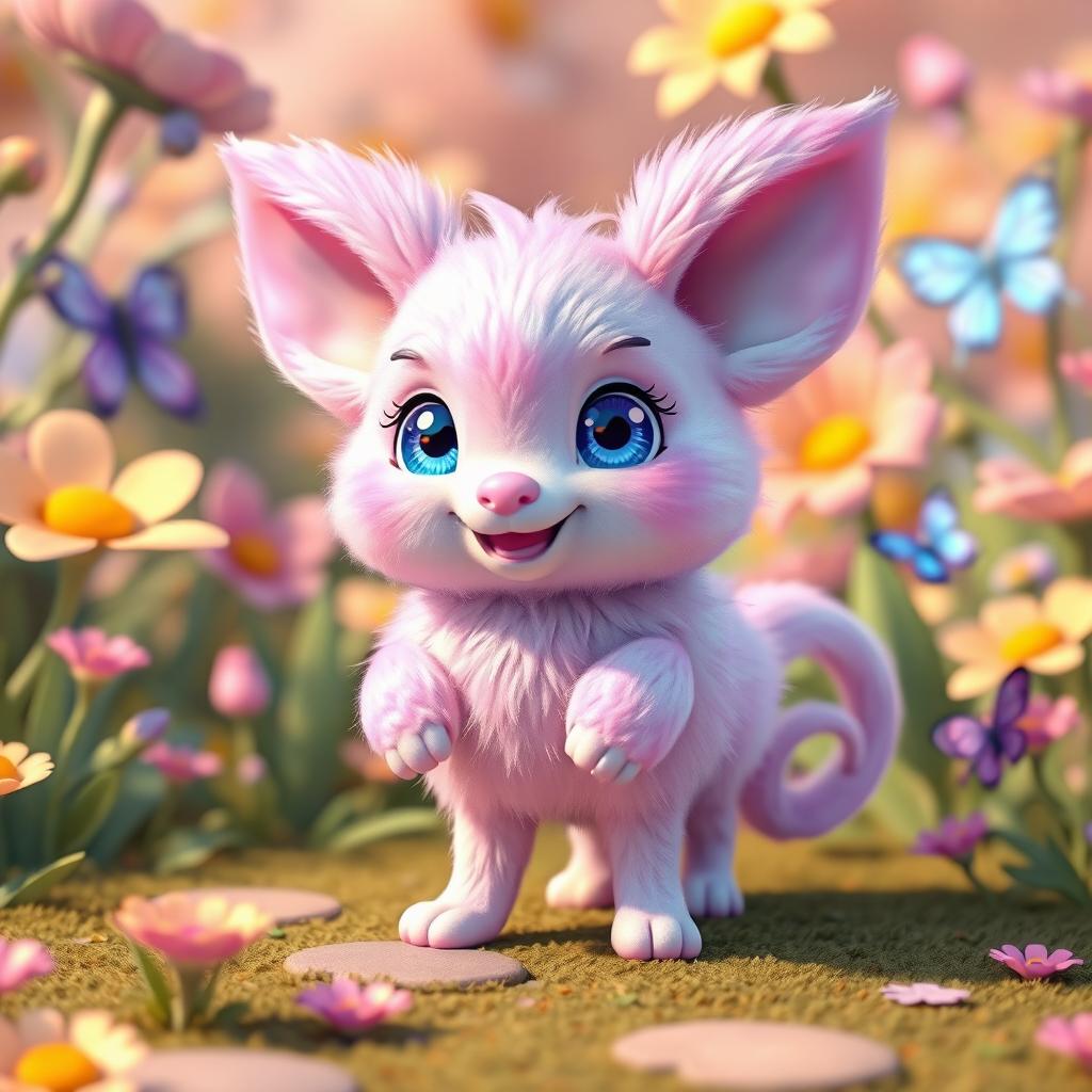 A vibrant 3D rendering of a playful fantasy pet named "Fluffernutter"