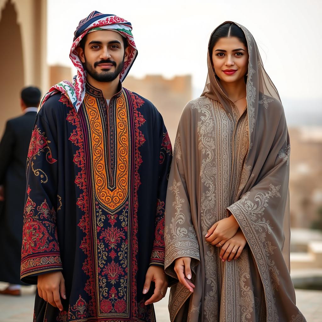 A scene depicting two individuals dressed in traditional Syrian Arab attire