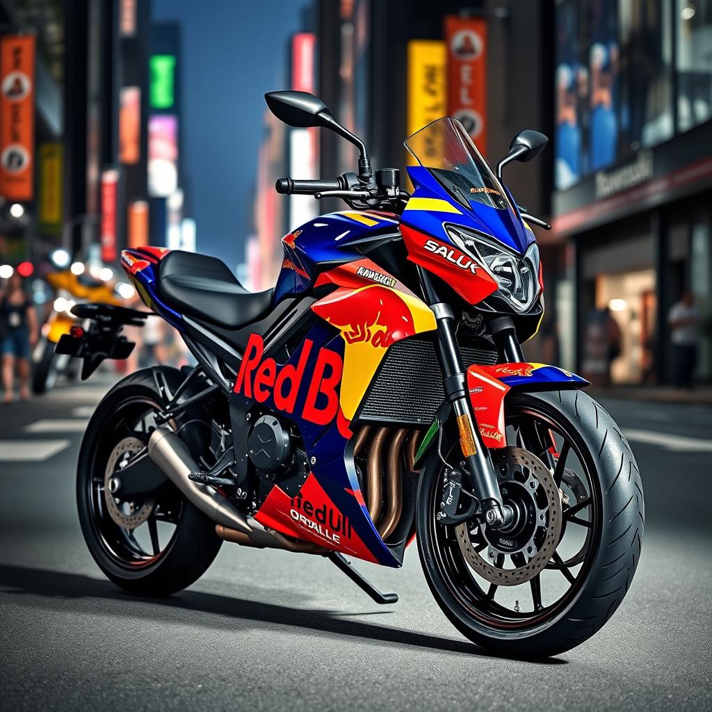 A 2023 Kawasaki Z900SE motorcycle featuring a vibrant Red Bull Oracle wrap