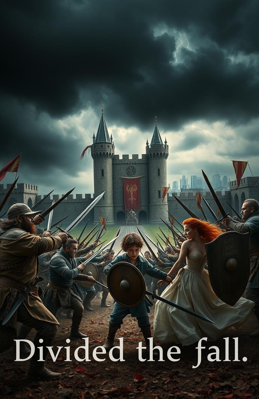 A dramatic scene depicting a dystopian battle between two opposing families at a grand, imposing castle