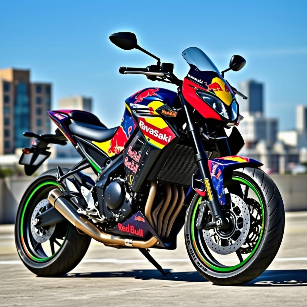 A 2023 Kawasaki Z900SE motorcycle adorned with an eye-catching Red Bull Oracle wrap, featuring vivid colors and dynamic graphics