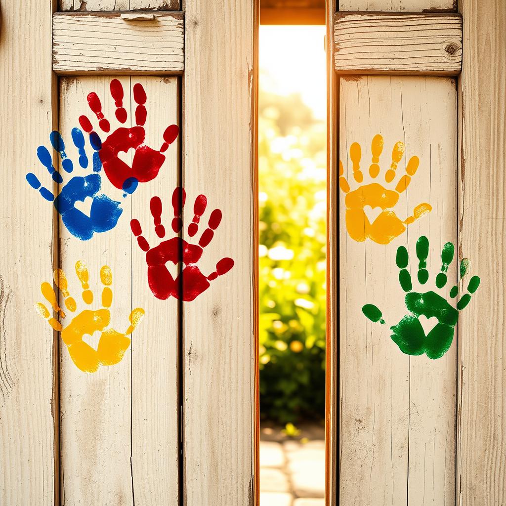 A whimsical scene capturing colorful handprints on a wooden door, showcasing a variety of vibrant colors like red, blue, yellow, and green