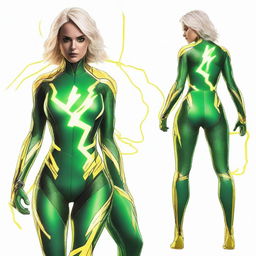 An MCU-style female superheroine costume in green and black with yellow lightning lines throughout, featuring technological details that suggest an association with electricity. Depicting yellow lightning eyes, set against a white background.