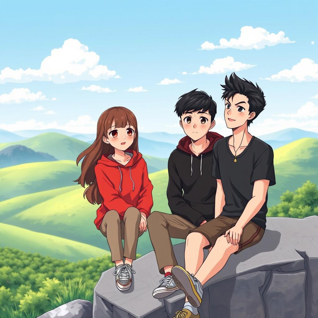 An anime-style illustration of a couple sitting on a stone ledge overlooking scenic mountains